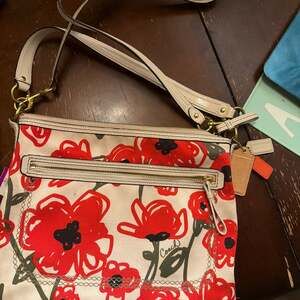 Coach Poppy Floral Poppies Print Canvas Crossbody Bag with Leather Trim